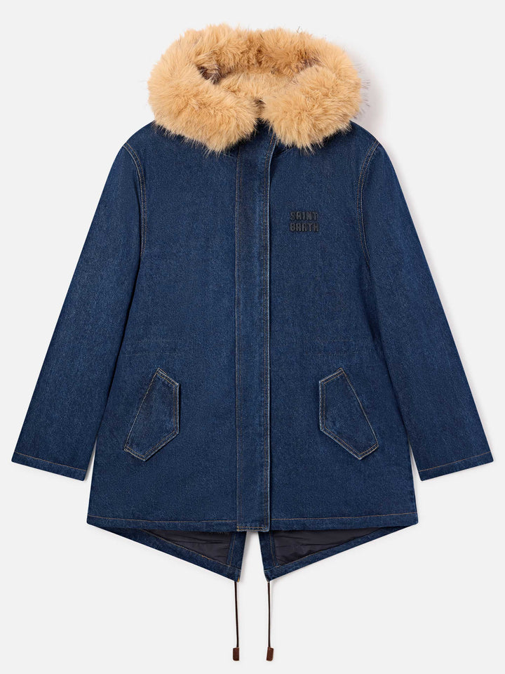 Blue Parka Brenna en denim de algodón con capucha de pelo sintético 