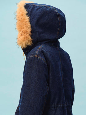 Blue Parka Brenna en denim de coton avec capuche en fausse fourrure 