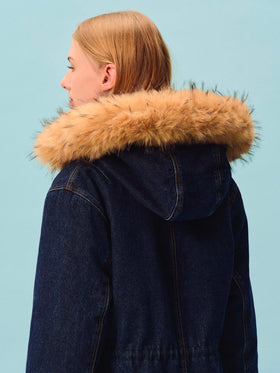 Blue Parka Brenna en denim de coton avec capuche en fausse fourrure 
