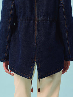 Blue Parka Brenna en denim de coton avec capuche en fausse fourrure 