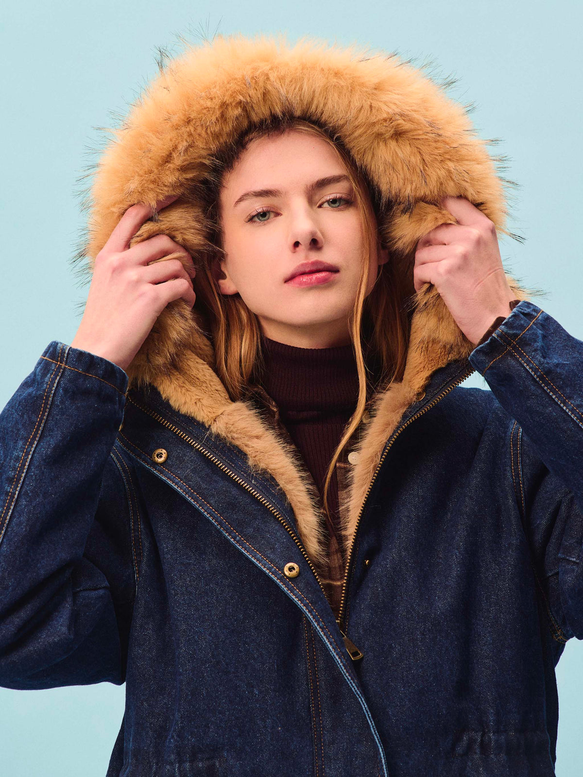 Blue Brenna cotton denim parka with faux fur hood