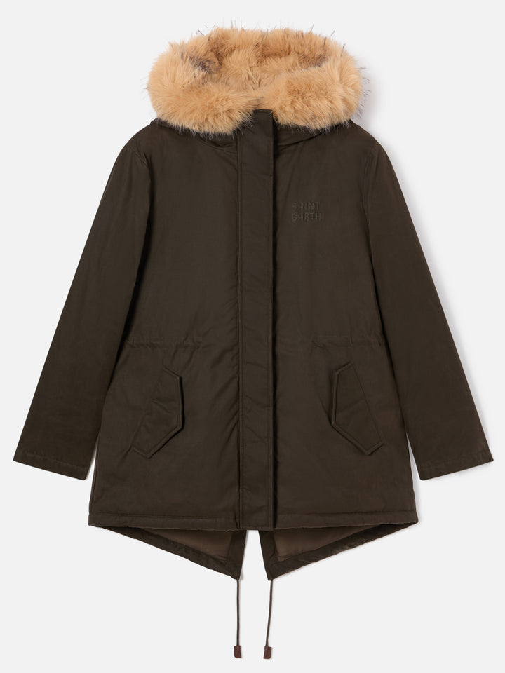 Parka Brenna verde militare in tessuto cerato di misto cotone con cappuccio in effetto pelliccia