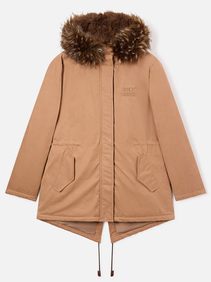 Parka encerada Brenna beige en mezcla de algodón con capucha de piel sintética 