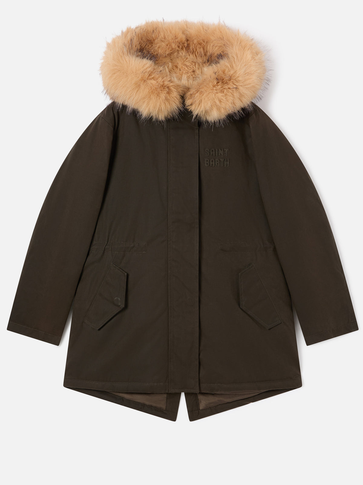 Parka Brenna verde militare in tessuto cerato con cappuccio in effetto pelliccia