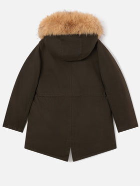 Parka Brenna verde militare in tessuto cerato con cappuccio in effetto pelliccia