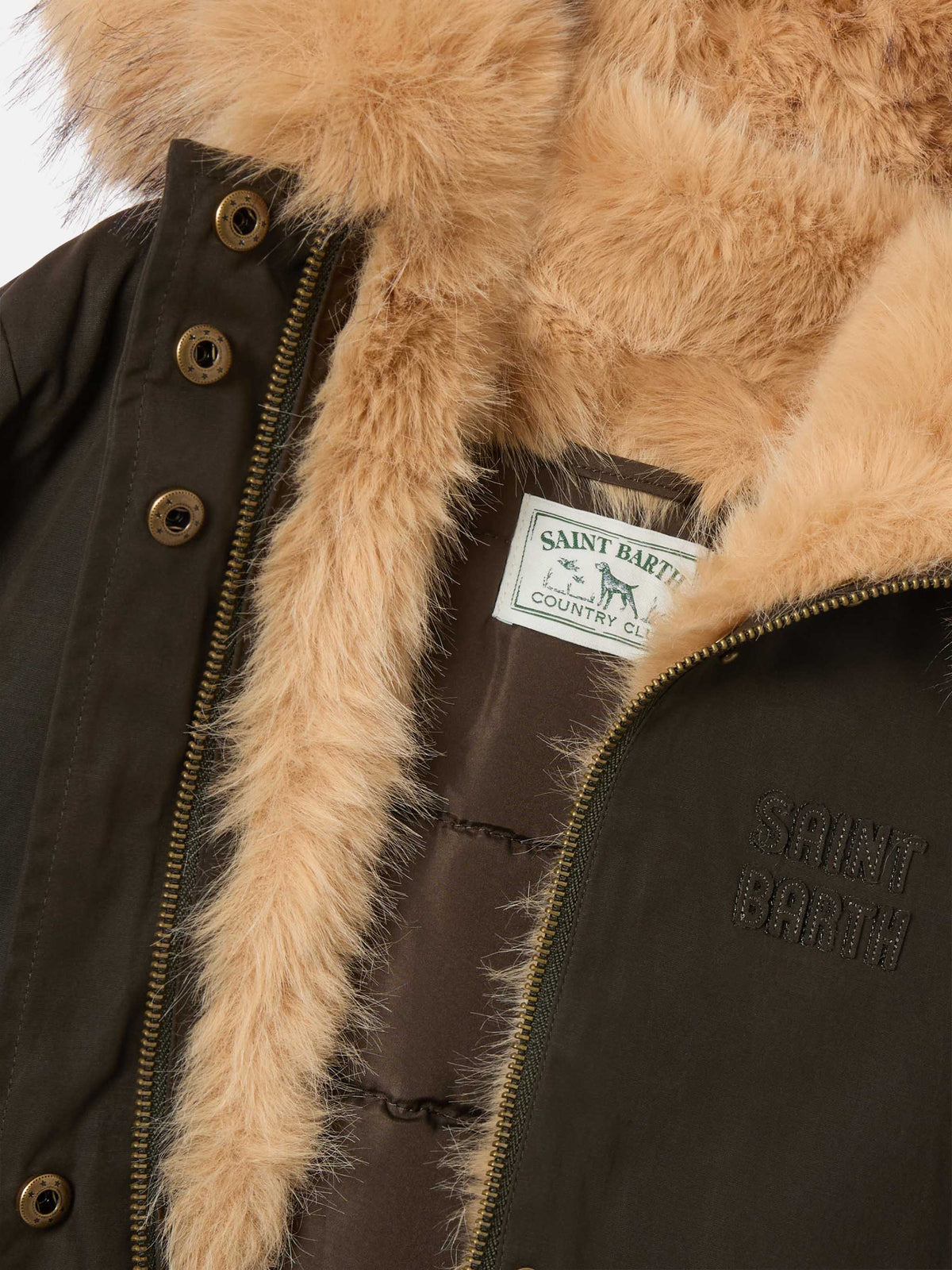Parka Brenna verde militare in tessuto cerato con cappuccio in effetto pelliccia