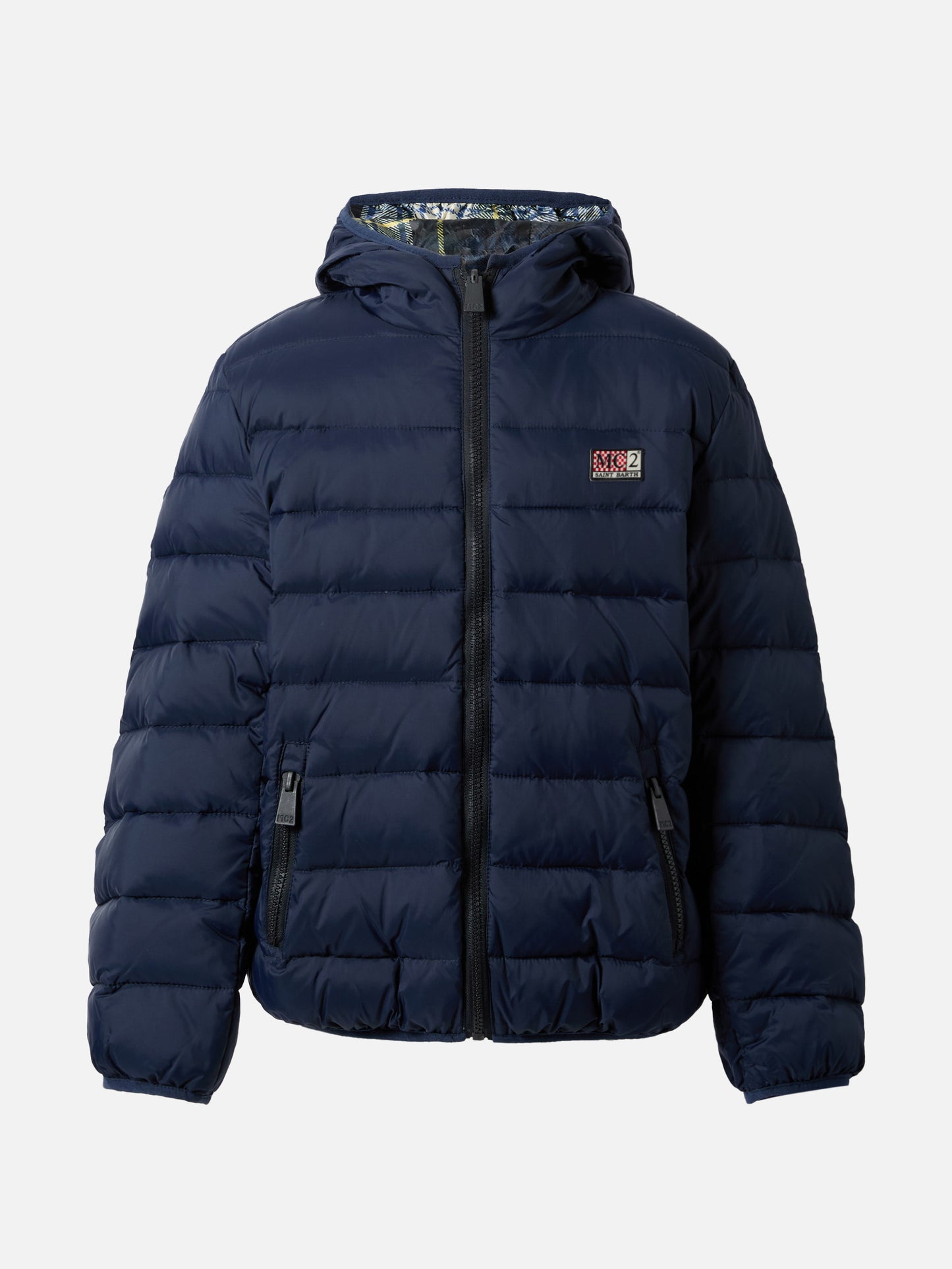 Reversible down jacket Bob in navy blue and tartan