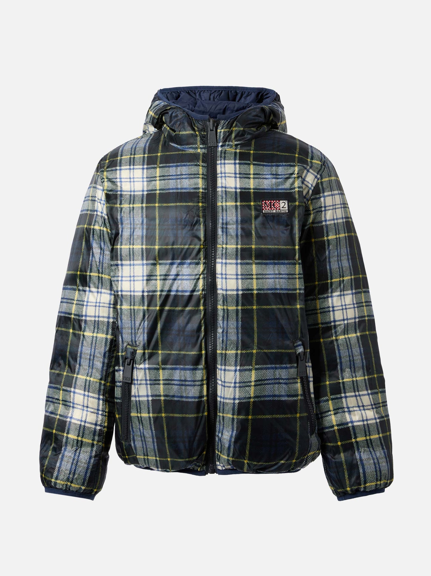 Reversible down jacket Bob in navy blue and tartan