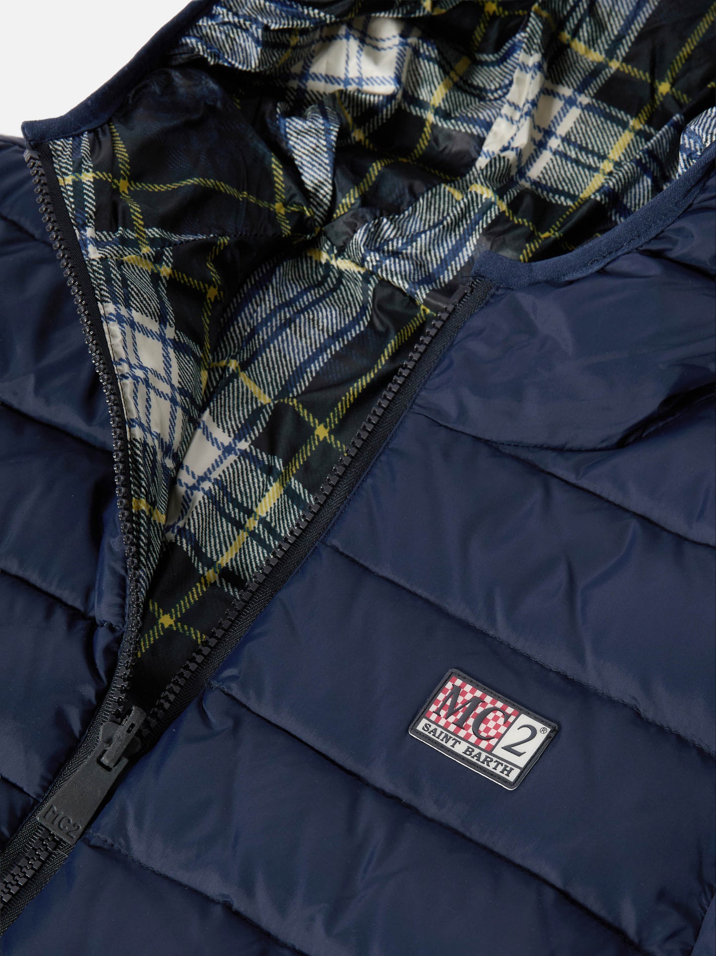 Reversible down jacket Bob in navy blue and tartan