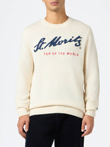 Maglione bianco da uomo Bombardino con stampa St. Moritz Top of the World | ST. MORITZ TOP OF THE WORLD SPECIAL EDITION