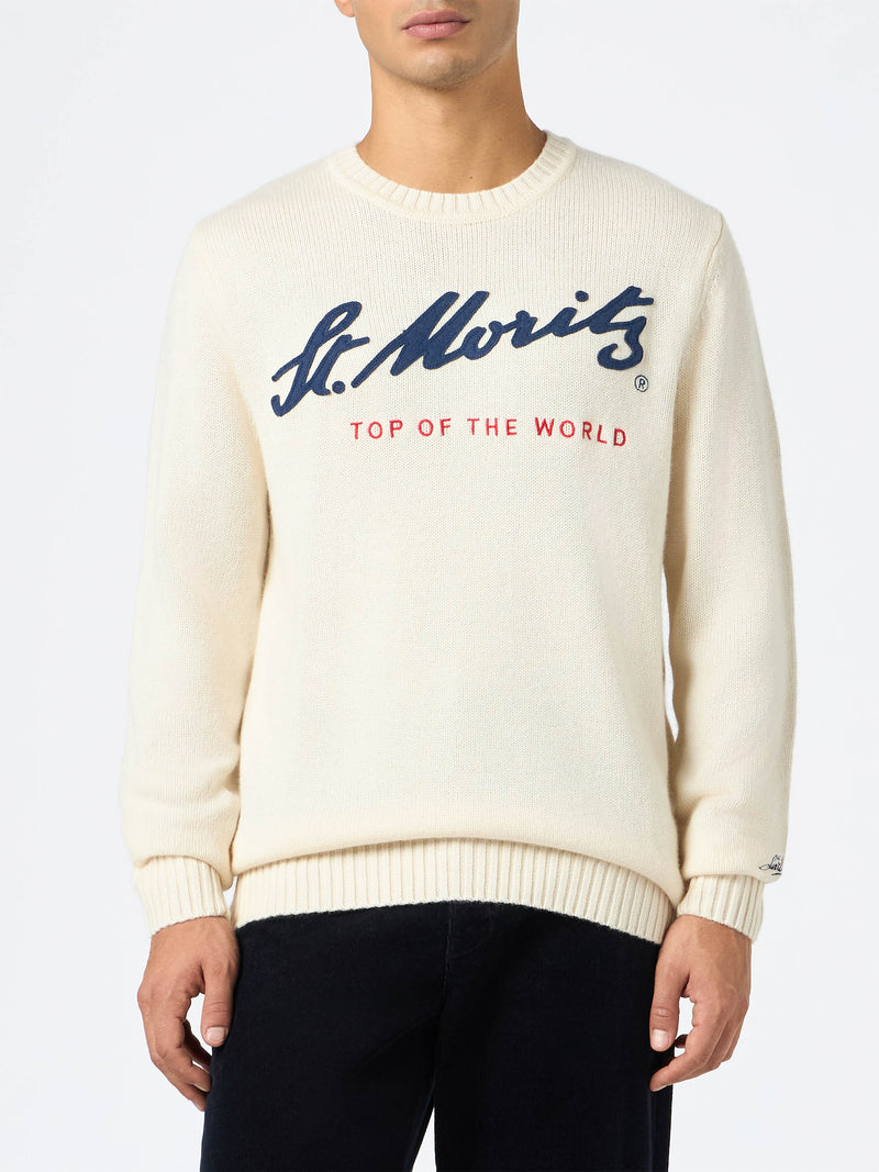 Maglione bianco da uomo Bombardino con stampa St. Moritz Top of the World | ST. MORITZ TOP OF THE WORLD SPECIAL EDITION