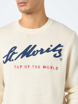 Maglione bianco da uomo Bombardino con stampa St. Moritz Top of the World | ST. MORITZ TOP OF THE WORLD SPECIAL EDITION