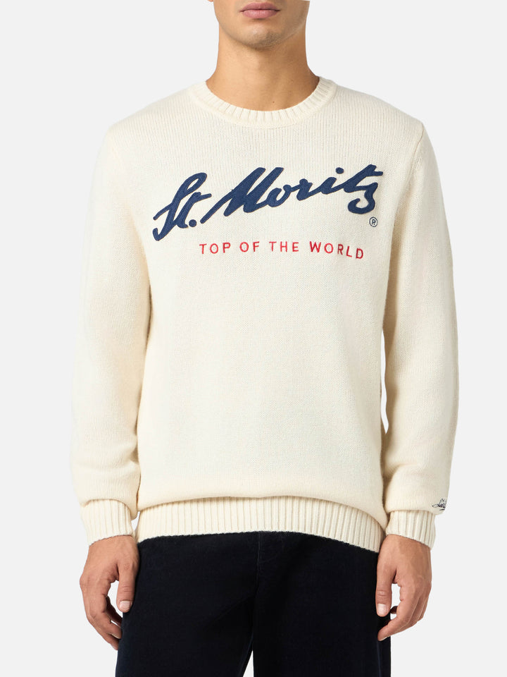 Maglione bianco da uomo Bombardino con stampa St. Moritz Top of the World | ST. MORITZ TOP OF THE WORLD SPECIAL EDITION