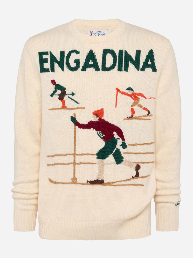 White sweater Bombardino Light with Engadina skiers jacquard