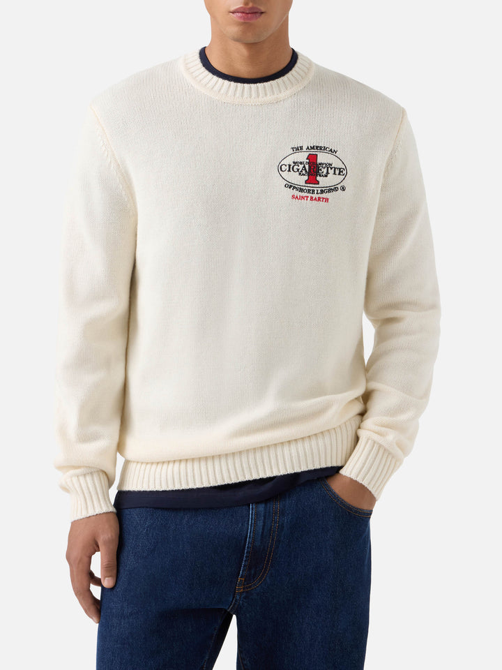Maglia girocollo Bombardino Light panna con ricamo Cigarette sul retro | Special edition