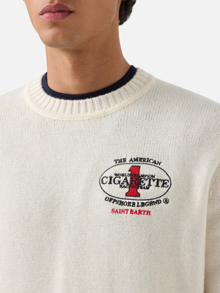 Maglia girocollo Bombardino Light panna con ricamo Cigarette sul retro | Special edition