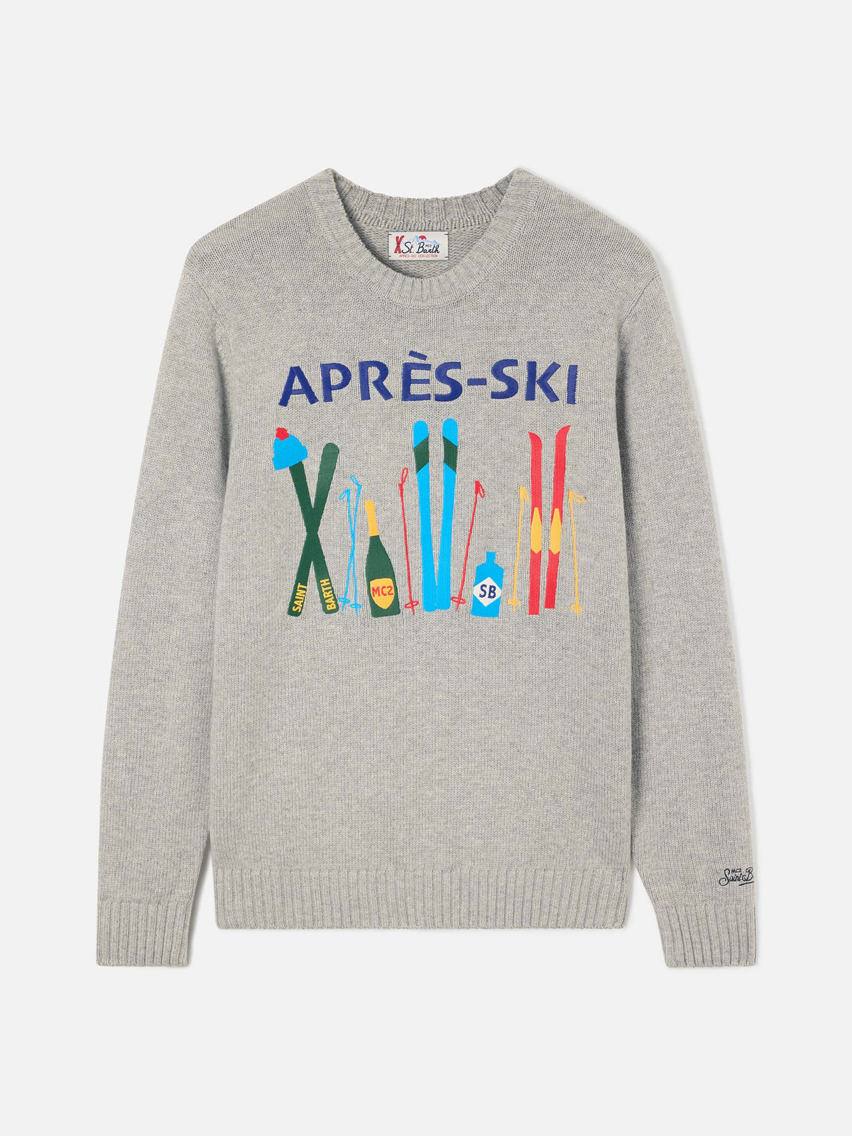 Grauer Bombardino leichter Rundhals-Strickpullover mit Après Ski Intarsie und Stickerei 