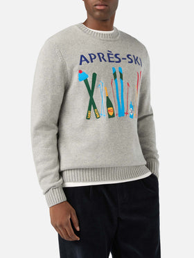 Grauer Bombardino leichter Rundhals-Strickpullover mit Après Ski Intarsie und Stickerei 