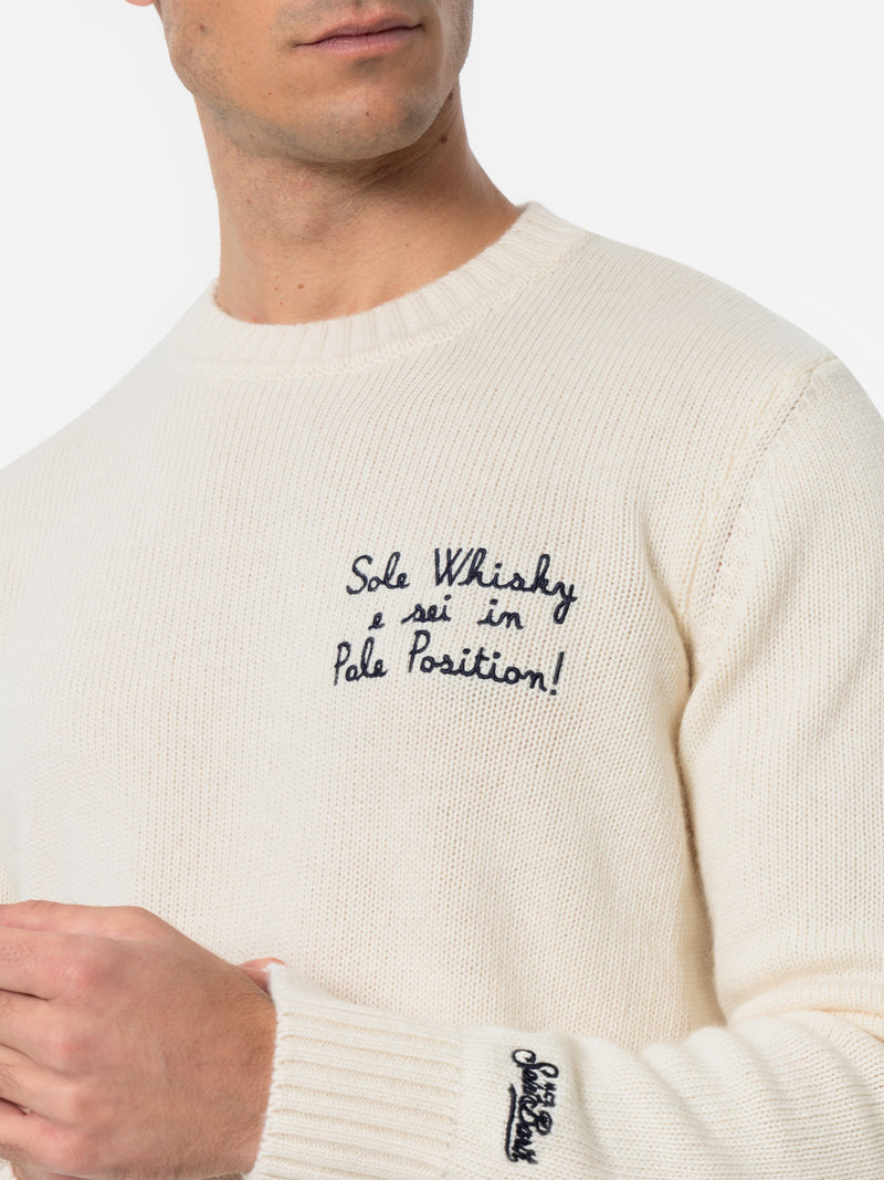 Man white sweater Bombardino with Sole, Whisky e sei in Pole Position! embroidery | VACANZE DI NATALE SPECIAL EDITION