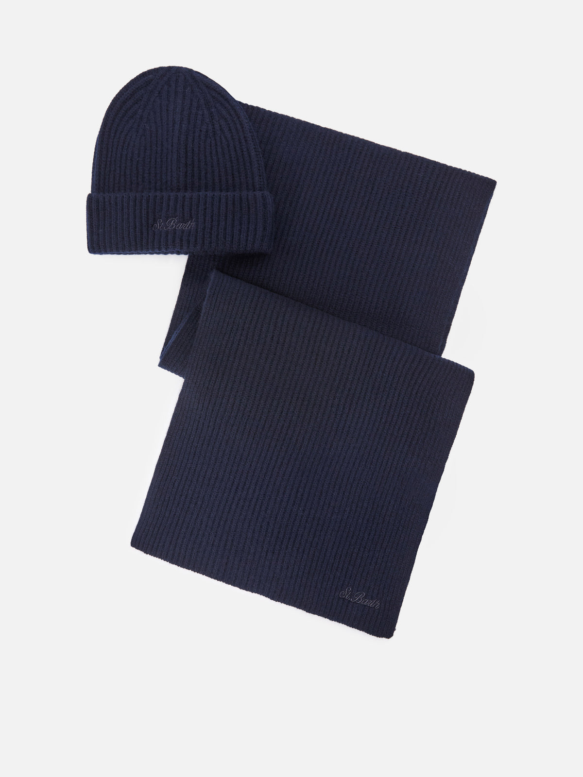 Navy blue cashmere beanie and scarf set
