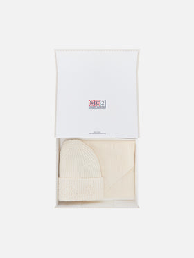 Off white wool beanie and hood scarf set