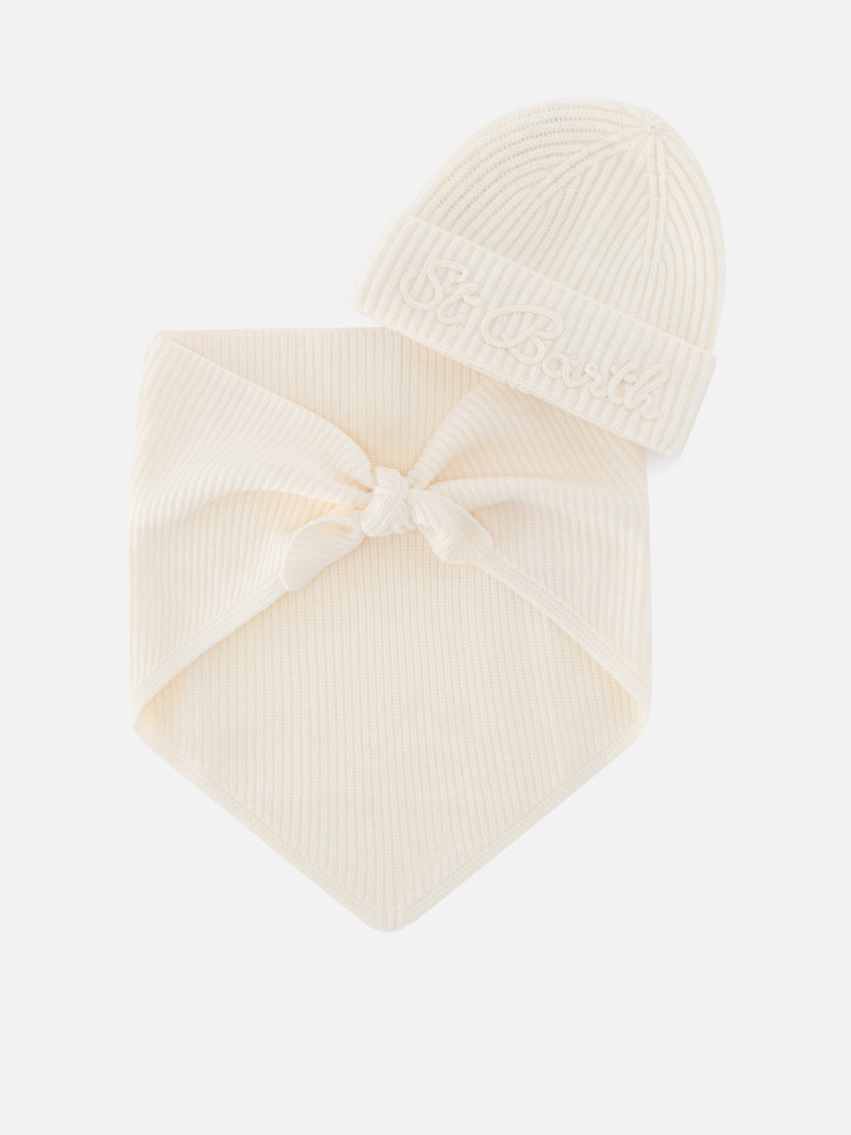 Off white wool beanie and hood scarf set