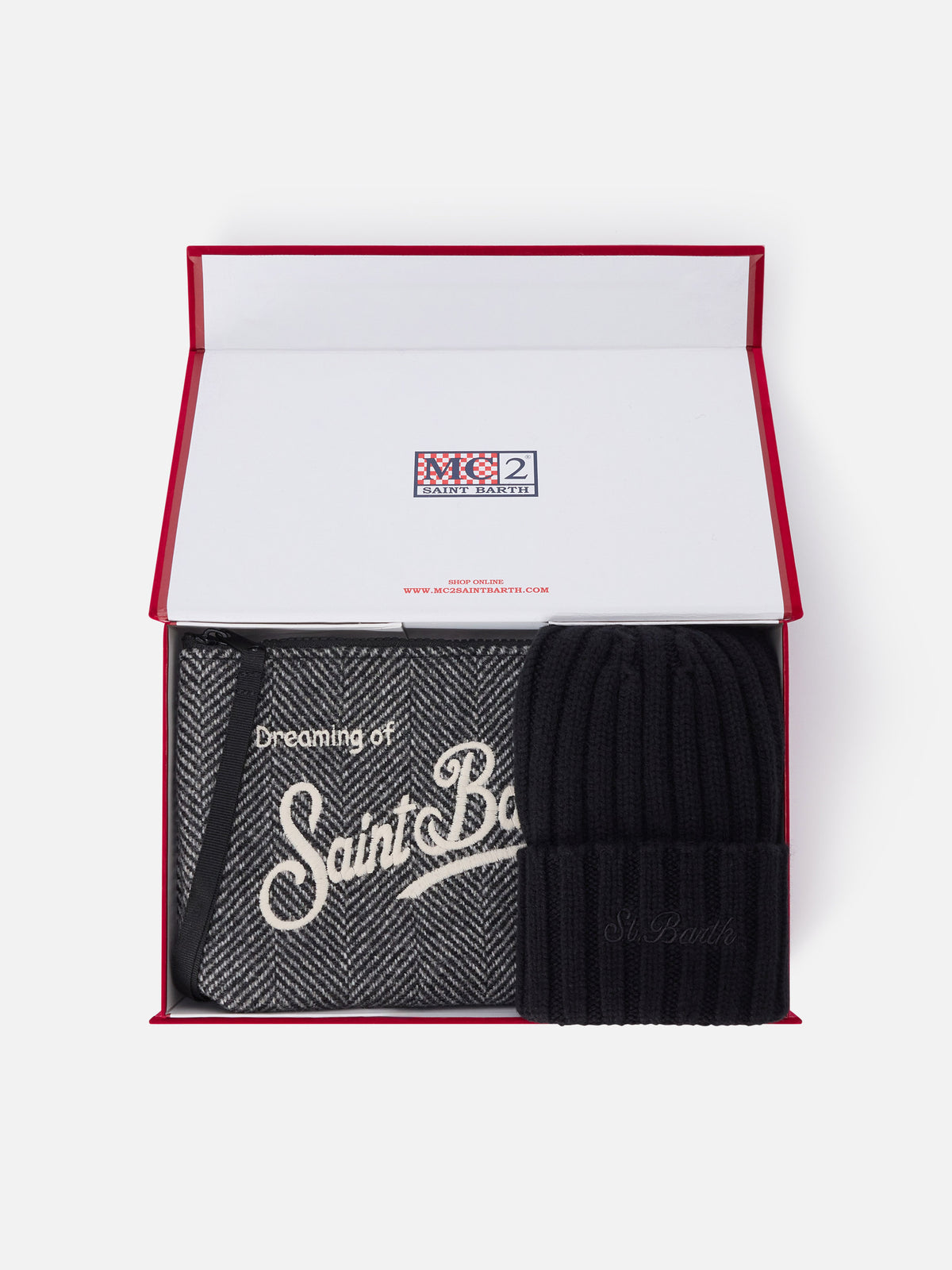 Set aus Pochette mit Fischgrätmuster und schwarzer Beanie 