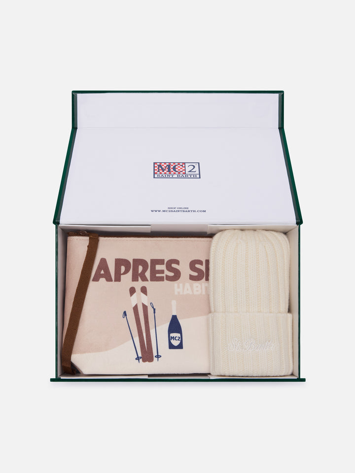 Set pochette con stampa Après Ski e berretto beige