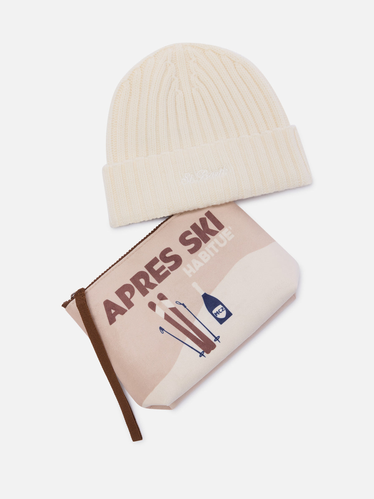 Ensemble Pochette avec imprimé Après Ski et bonnet beige 