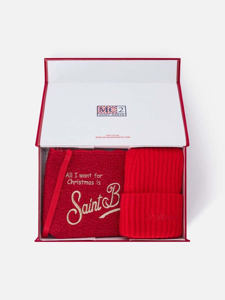Pochette mit „Merry Christmas“-Stickerei und Set mit roter Beanie 