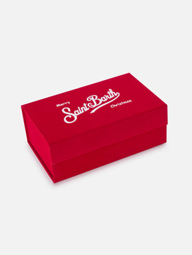 Pochette mit „Merry Christmas“-Stickerei und Set mit roter Beanie 