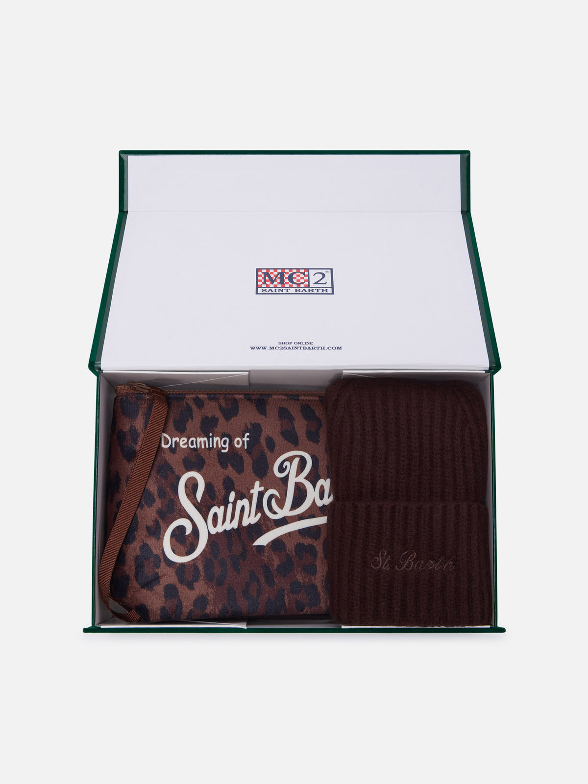 Set pochette con stampa leopardo e berretto marrone