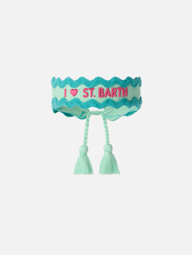 Fabric bracelet in aqua green with embroidery