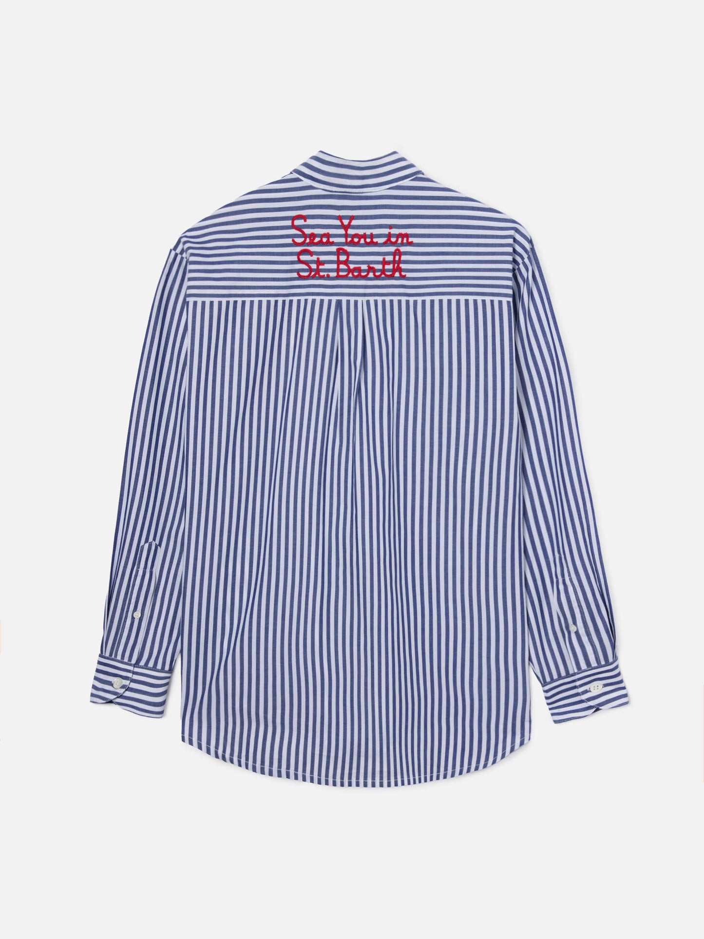 Brigitte shirt with blue stripes and See You In Saint Barth embroidery