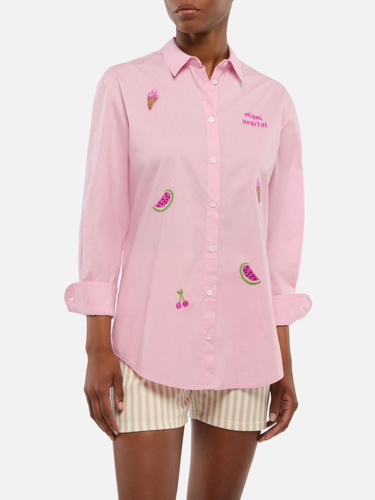 Brigitte camicia in cotone a righe con ricamo Miami habitué