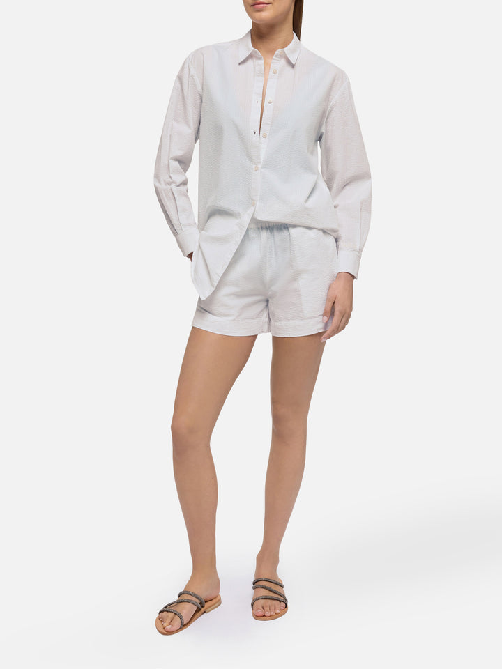 Brigitte white seersucker shirt with Saint Barth embroidery