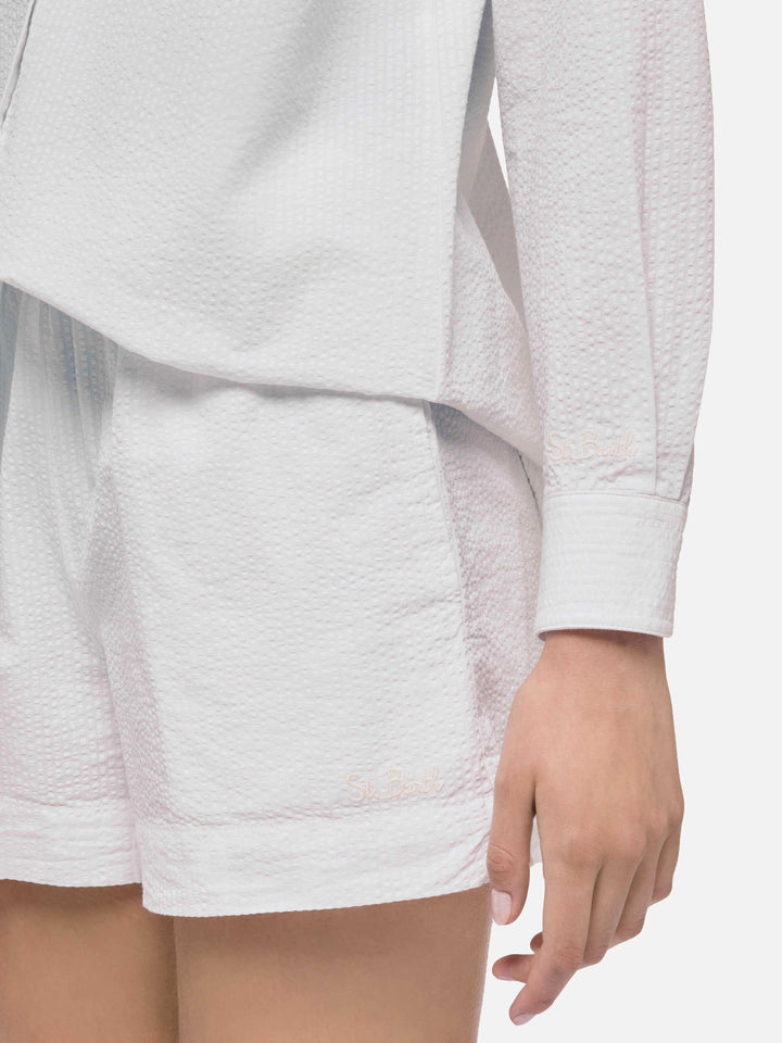 Brigitte white seersucker shirt with Saint Barth embroidery