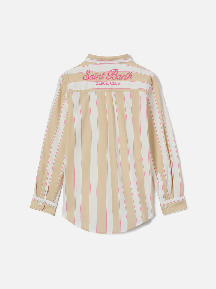 Camisa Mini Brigitte en popelina de algodón a rayas en beige, blanco y rosa 