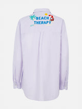 Woman striped print cotton over shirt Brigitte with front and back Beach Therapy embroidery