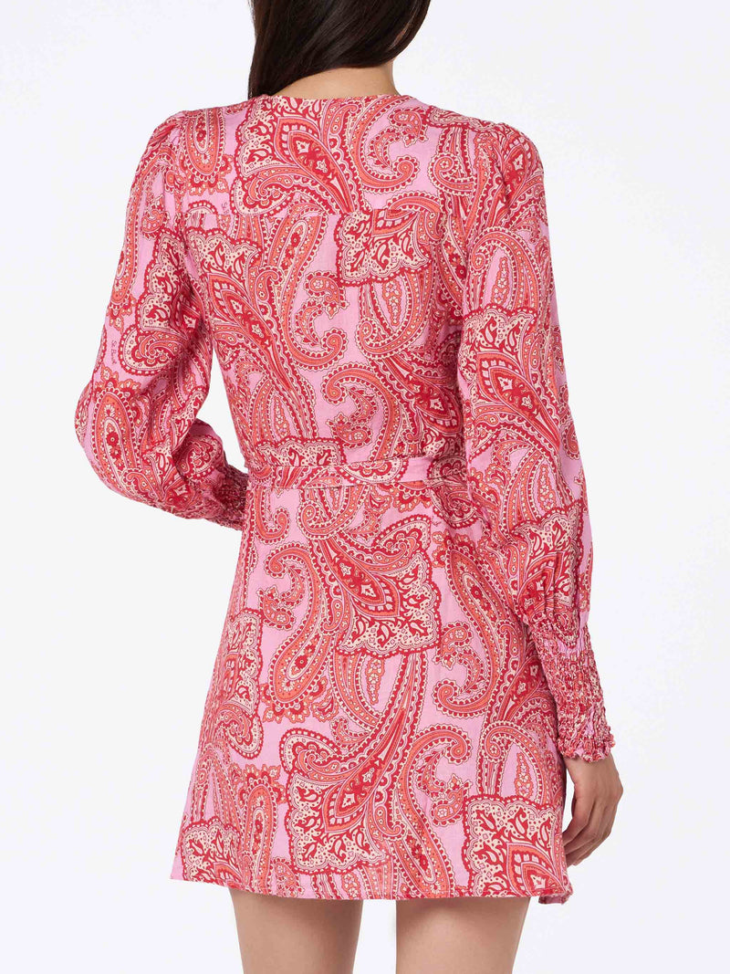 Linen short wrap dress Brilly with paisley print