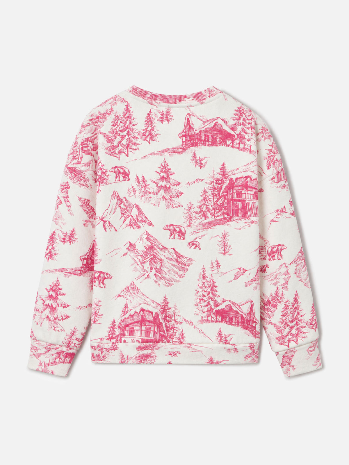 Felpa girocollo Briony bianca con stampa toile de Jouy rosa a tema montagna