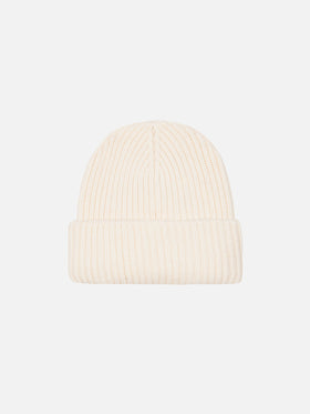 White Berry ribbed knit beanie for kid with Saint Barth patch