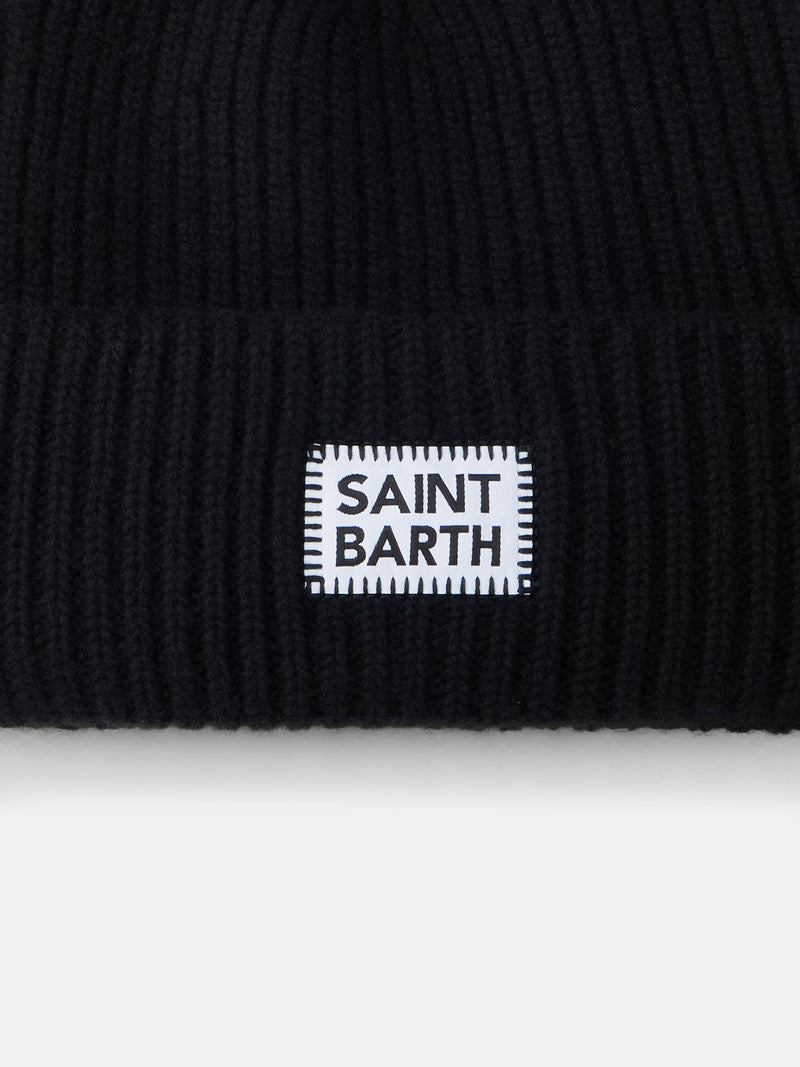 Woman black ribbed beanie Berry with St. Barth patch