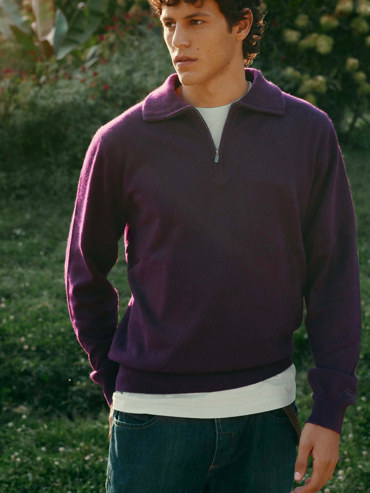 Burgunderroter Buck Kaschmir-Strickpullover mit Halbzip 