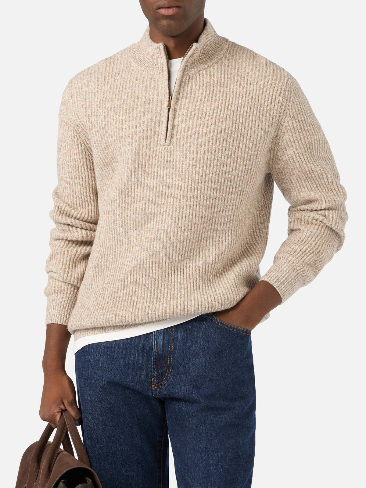 Maglia Buck beige in lana con mezza zip e costina mouliné