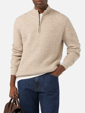Maglia Buck beige in lana con mezza zip e costina mouliné