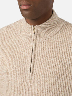 Maglia Buck beige in lana con mezza zip e costina mouliné