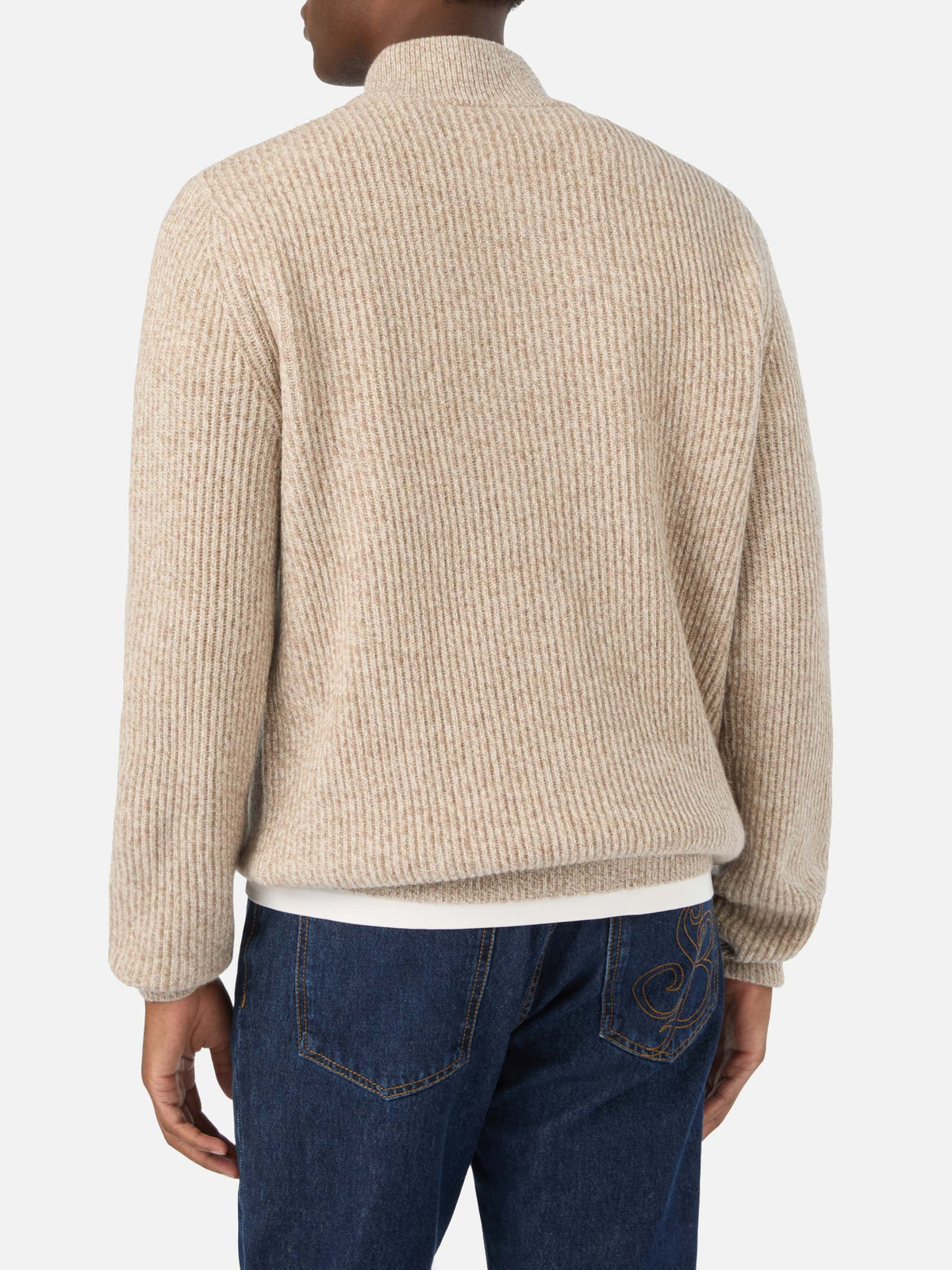 Maglia Buck beige in lana con mezza zip e costina mouliné