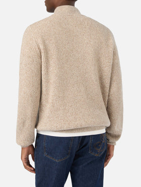 Maglia Buck beige in lana con mezza zip e costina mouliné