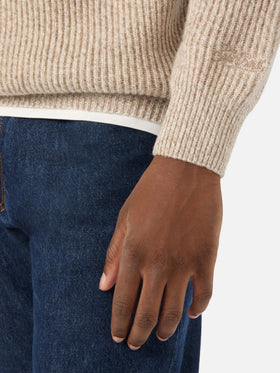 Maglia Buck beige in lana con mezza zip e costina mouliné